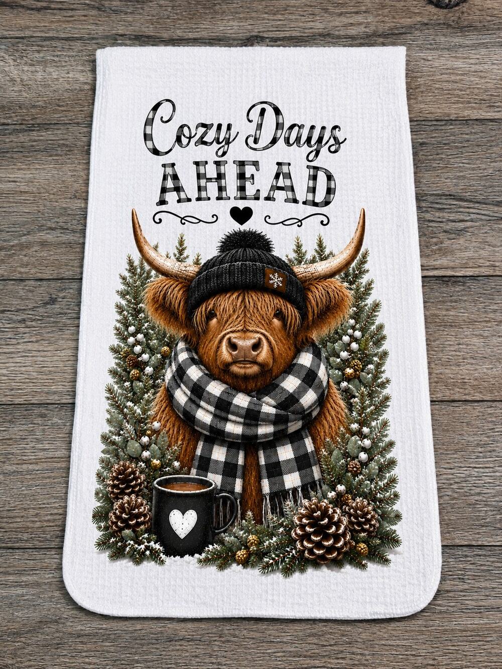 Highland Cow Cozy Days Ahead Winter Kitchen Towel Farmhouse Decor